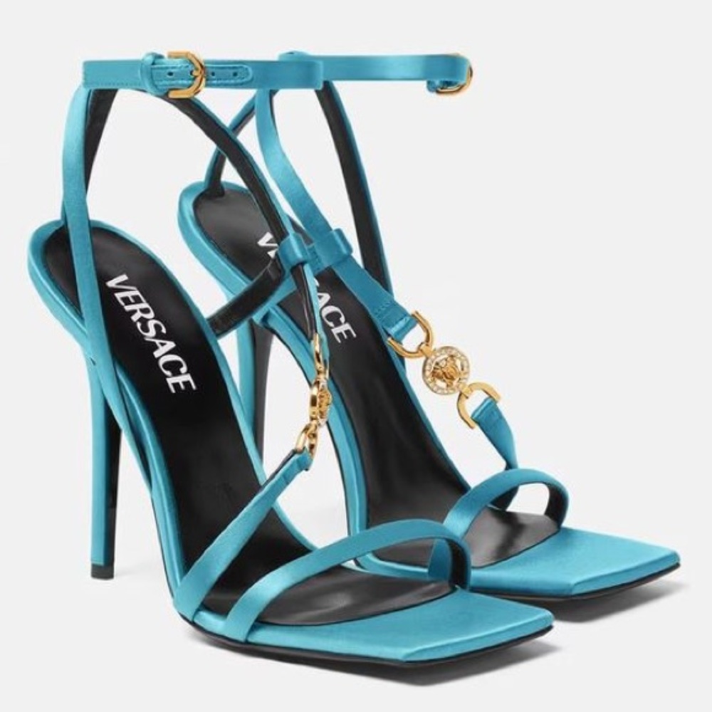 Versace NWOT Turquoise Gold Medusa ‘95 Strappy Satin Stiletto Heels (Size 37.5)